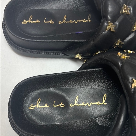 Black Slide Sandals with Gold Accents - Picture 3 of 7